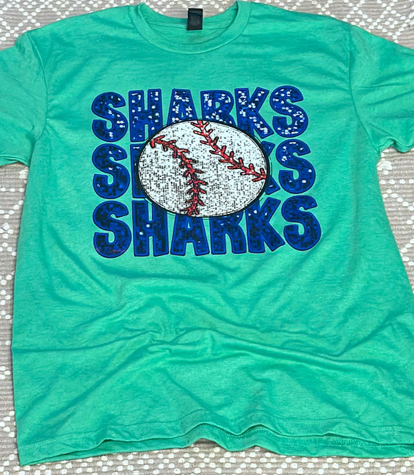 Faux sequins sharks baseball T Shirt