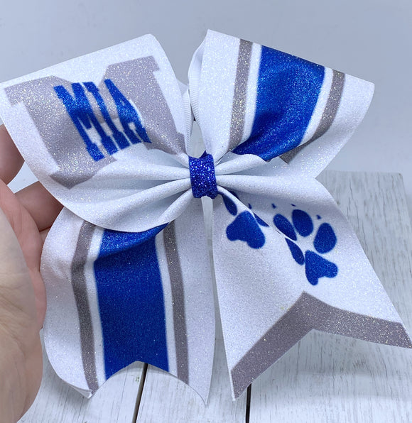 Blue and silver paw print cheer bow