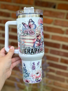 Reading is my therapy 40 oz tumbler with handle