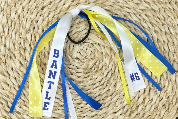 Blue and yellow custom name hair tie ribbon