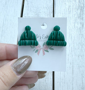 Green knit sock hat stud earrings