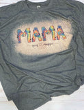 Mama tie dye name tee shown on bleached Heather purple