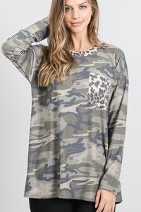 Camo and animal print long sleeve light sweater